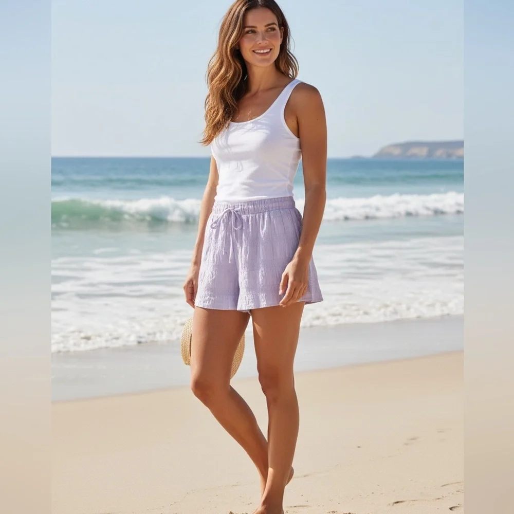 BP. Smocked‎ Shorts Purple Spray Drawstring Waist Lined Casual Comfy Large NWT
